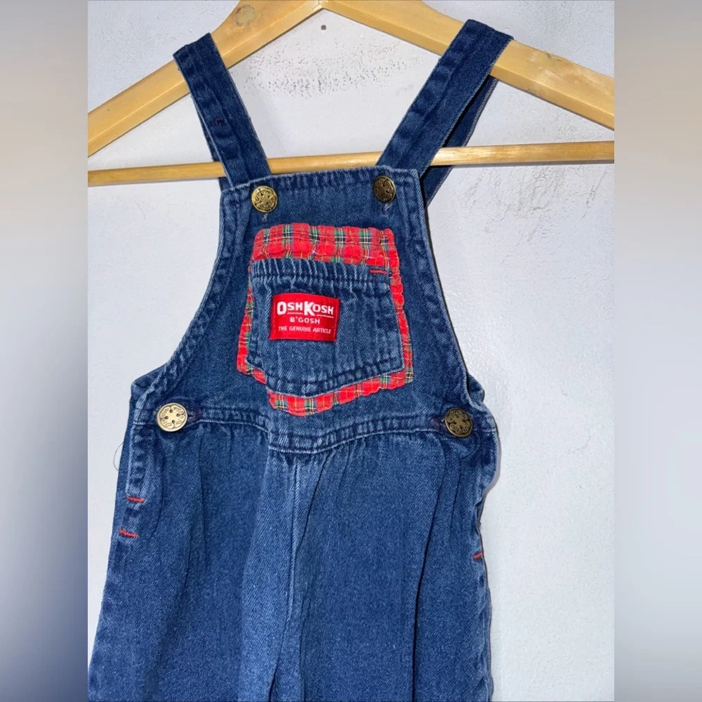 VINTAGE Child’s Kid’s OSHKOSH Denim Bib Overalls 2t Vestbak Red Plaid Cuff‎